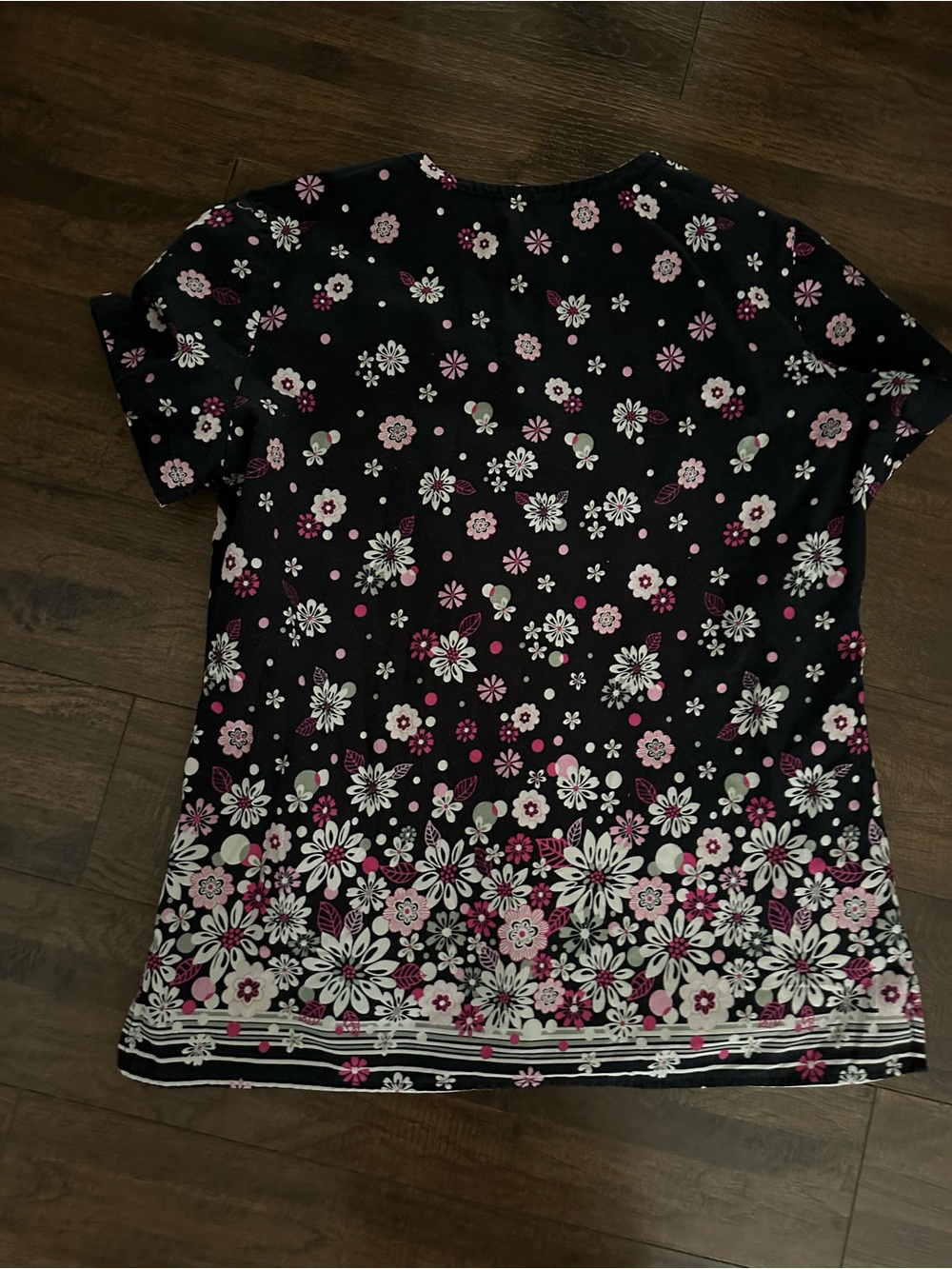Smart Scrubs Black Short-Sleeve Floral Print Top with Pink and White Accents